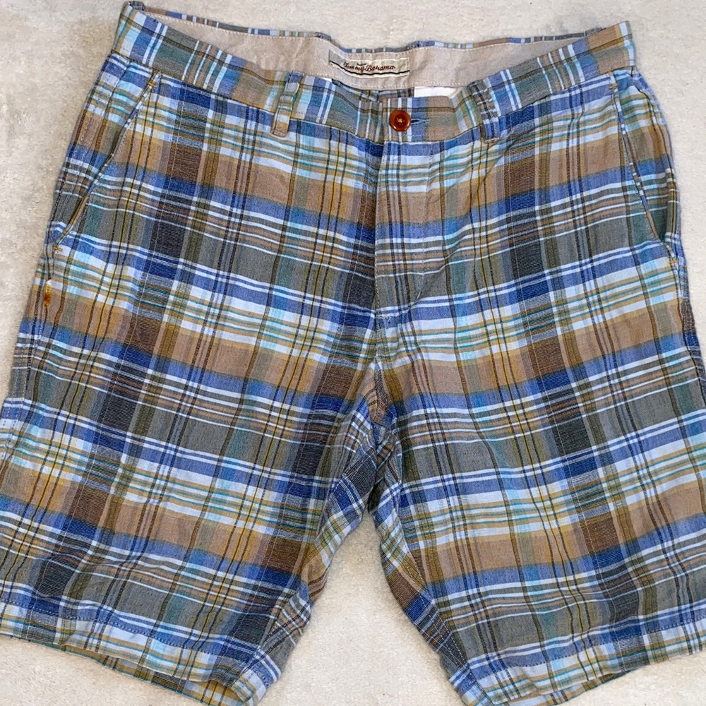 Tommy Bahama blue green tan plaid linen blend flat front shorts Sz 33